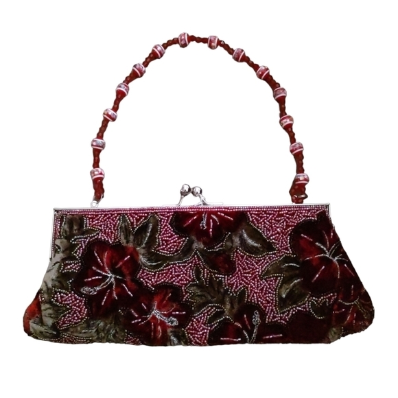 Vintage Style Beaded Evening Clutch/Purse in Wine Floral Design - Picture 1 of 5
